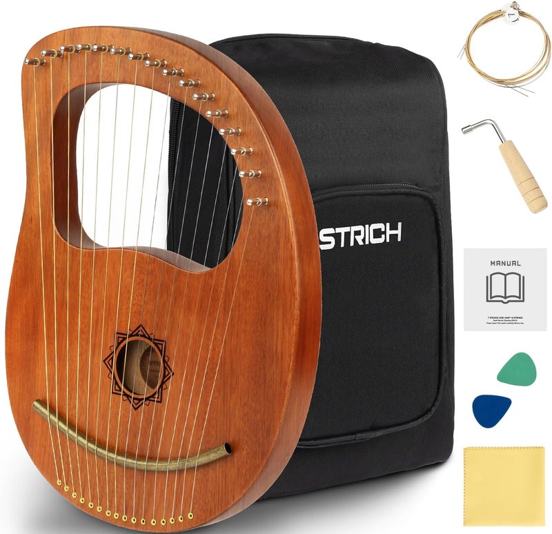 STRICH Lyre Harp, 16 Strings, Mahogany, Copper Saddle Lyre Harp Set with Spare Metal Strings, Tuning Wrench, Black Custom Gig Bag and Manual - Image 1